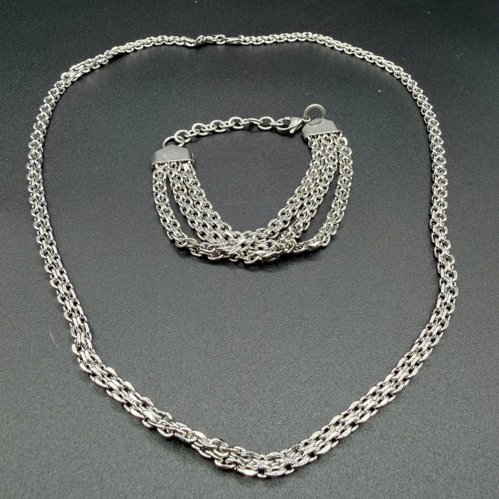 Silver Tone Multi Strand Chain Necklace Bracelet Set Chunky Statement Jewelry